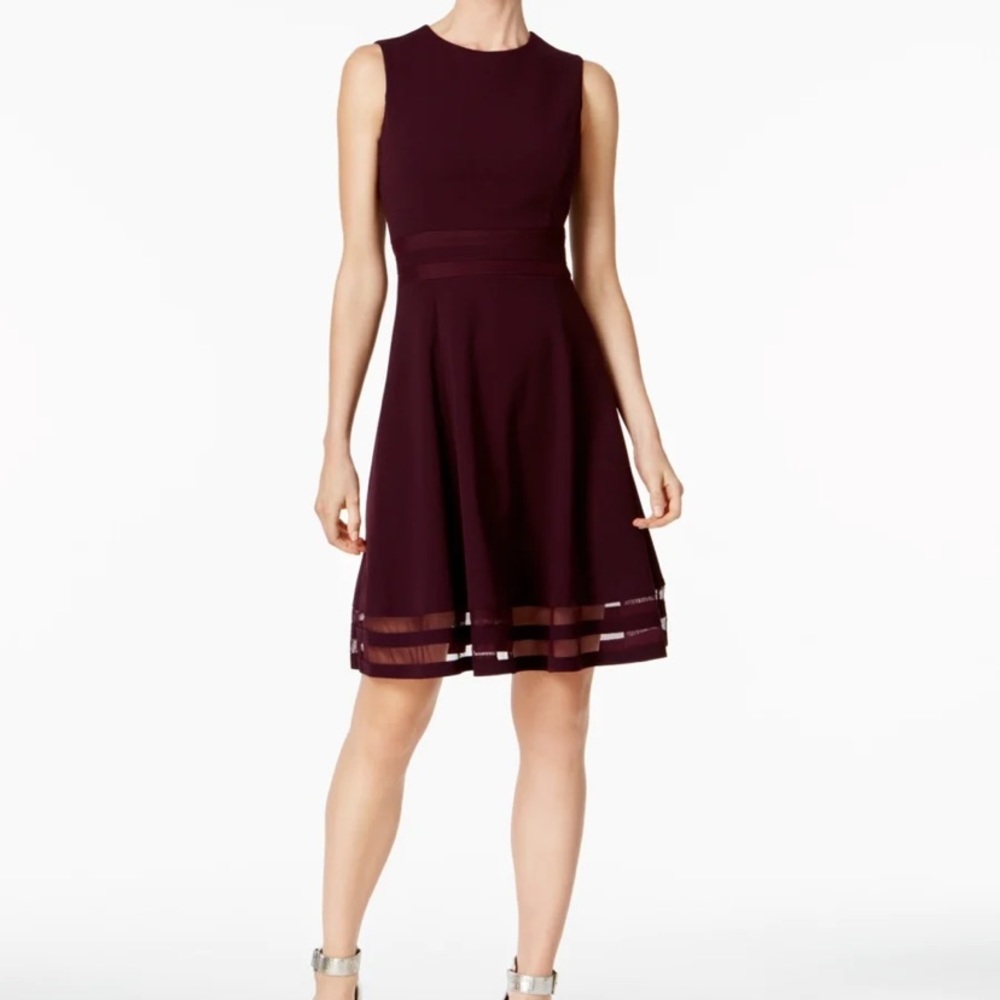 Maroon Calvin Klein Illusion Trim Fit & Flare Dress